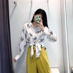 Vintage Single Breasted Long Sleeve Leopard Print Chiffon Blouse Mssza