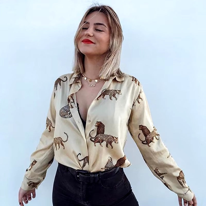 Vintage Single Breasted Leopard Print Chiffon Blouse Mssza