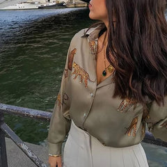 Vintage Single Breasted Leopard Print Chiffon Blouse Mssza