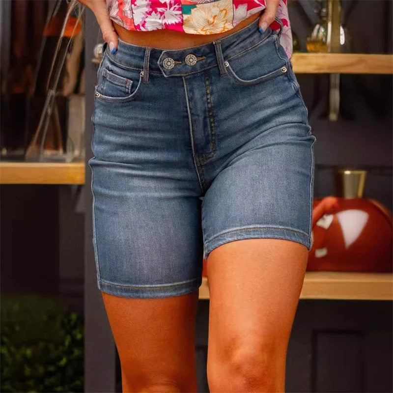 Vintage Slim High Waist Double Button Patchwork Three Quarter Shorts Mssza