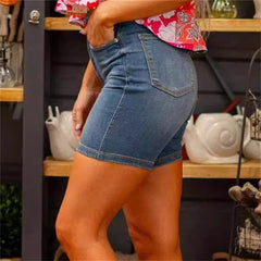 Vintage Slim High Waist Double Button Patchwork Three Quarter Shorts Mssza