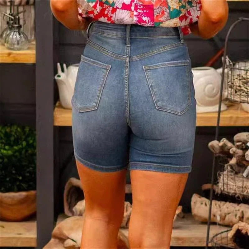 Vintage Slim High Waist Double Button Patchwork Three Quarter Shorts Mssza