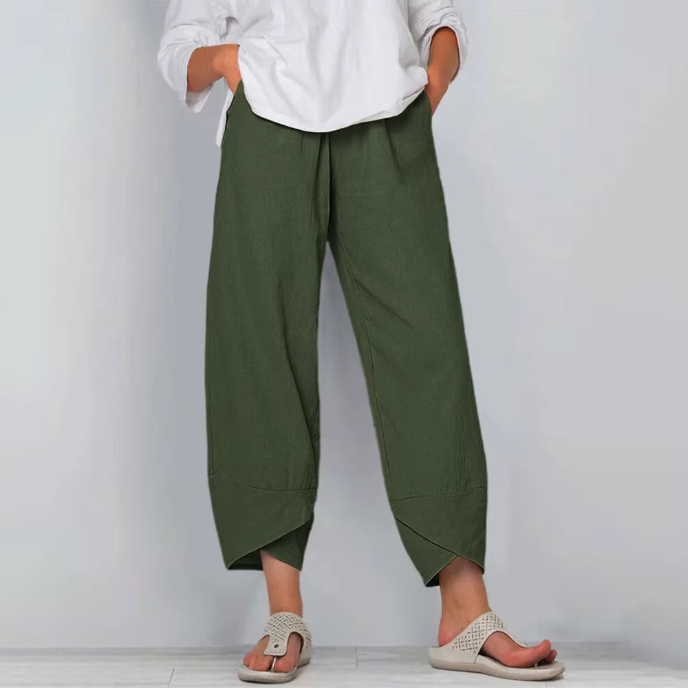 Vintage Solid Pockets Cotton Linen Harem Baggy Wide Leg Trousers Mssza