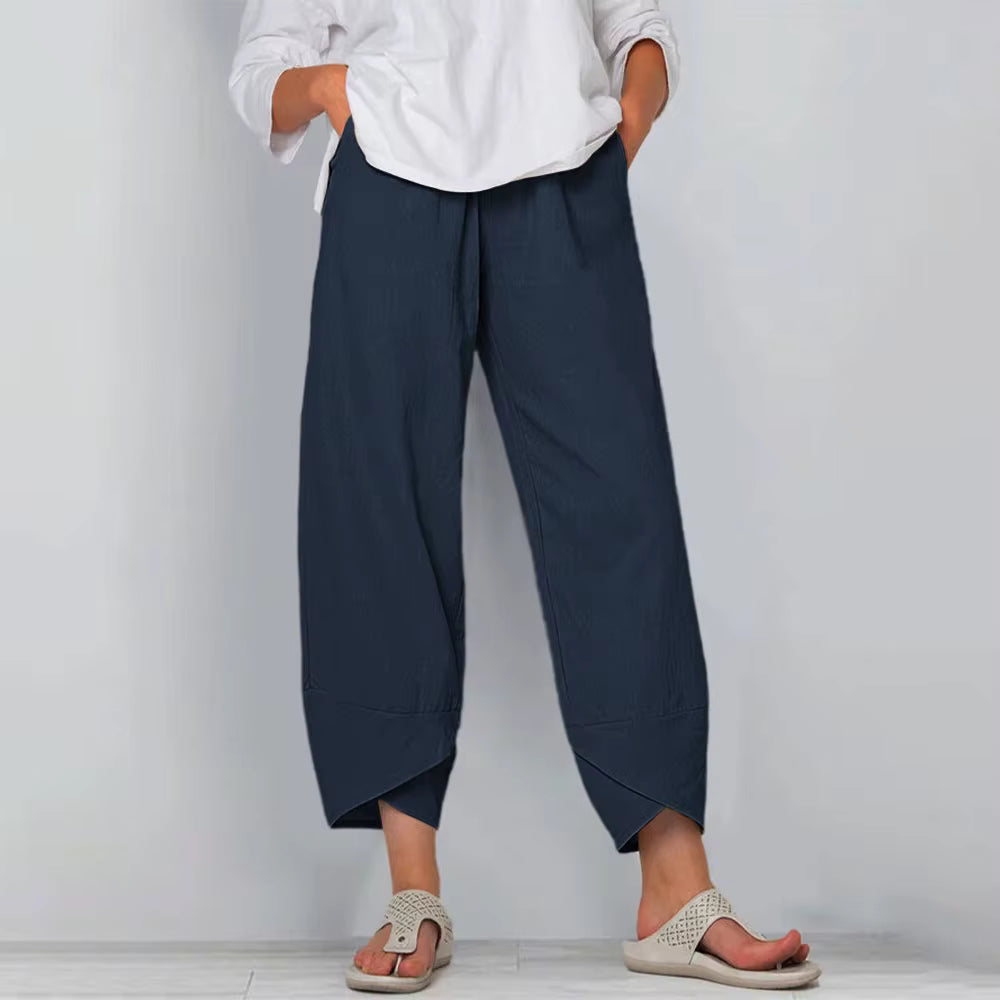Vintage Solid Pockets Cotton Linen Harem Baggy Wide Leg Trousers Mssza