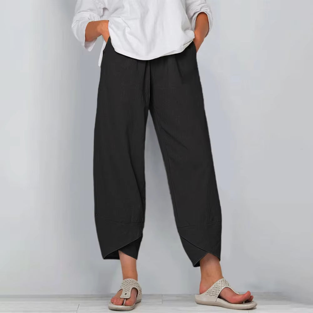 Vintage Solid Pockets Cotton Linen Harem Baggy Wide Leg Trousers Mssza