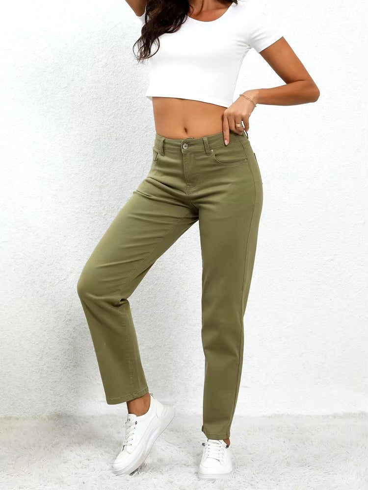 Vintage Solid zipper fly Mid Waisted Casual Straight Leg Denim Pants Mssza