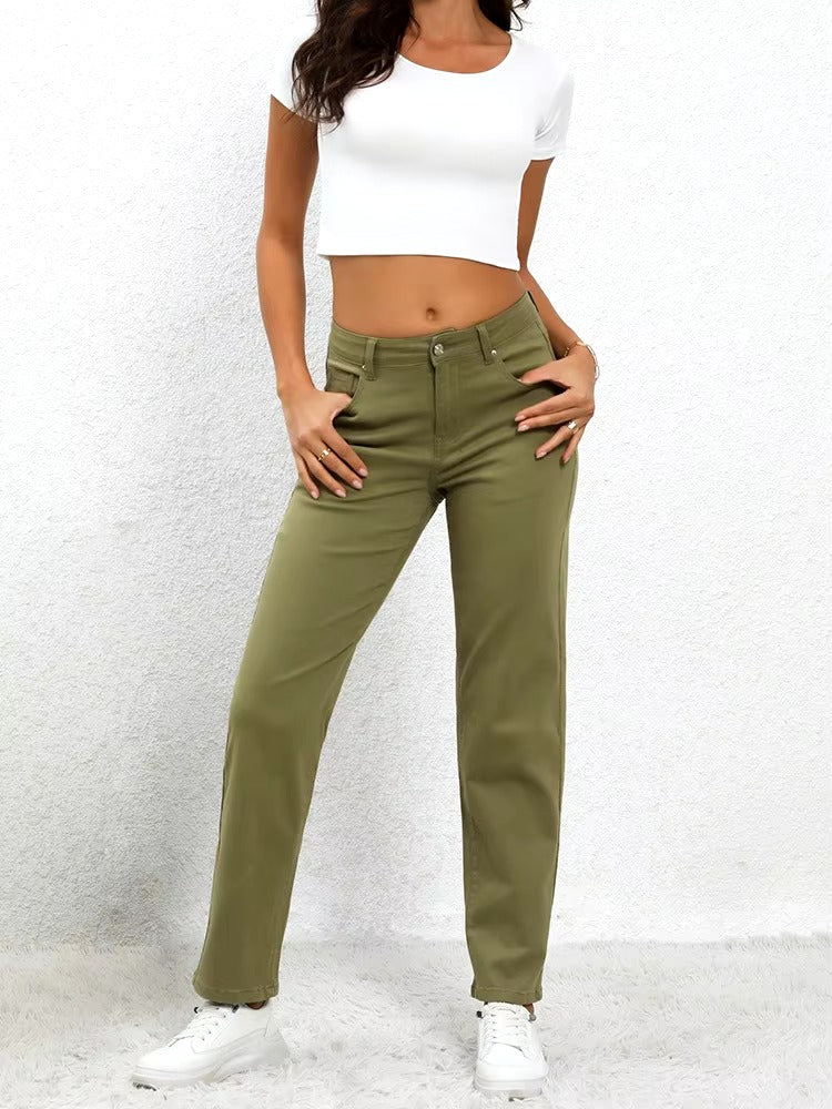 Vintage Solid zipper fly Mid Waisted Casual Straight Leg Denim Pants Mssza