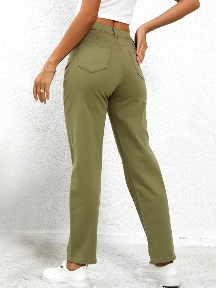 Vintage Solid zipper fly Mid Waisted Casual Straight Leg Denim Pants Mssza