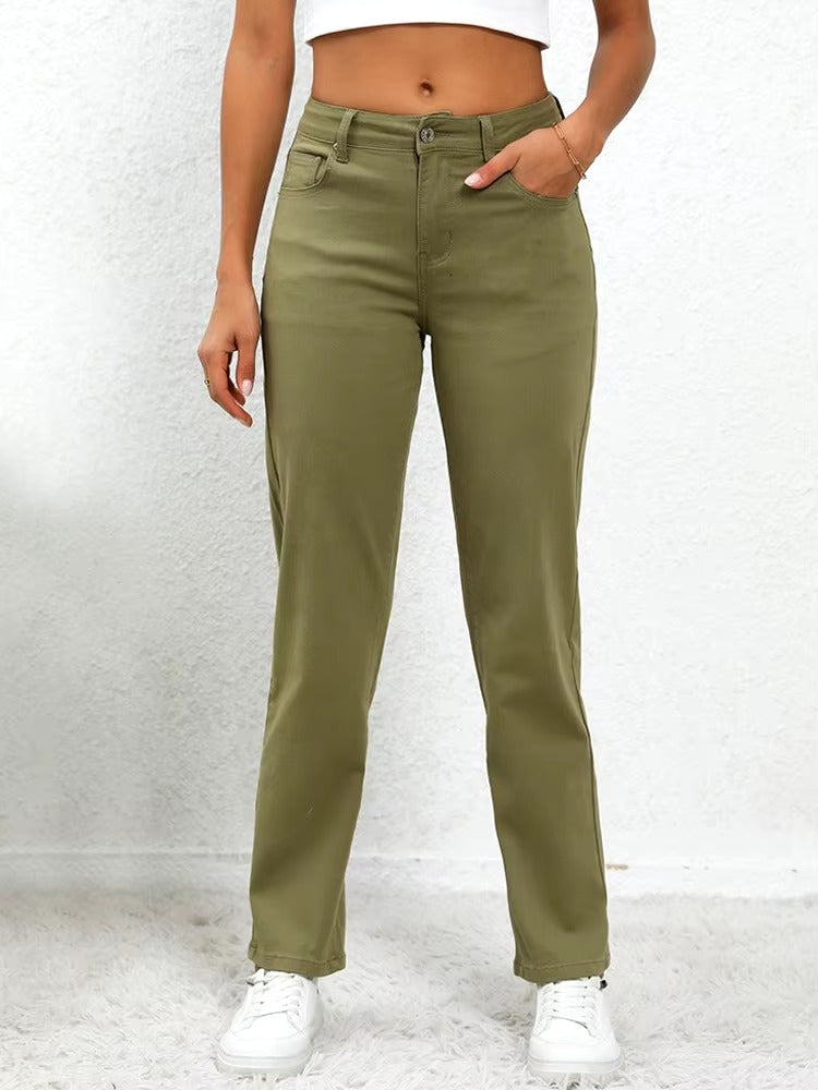 Vintage Solid zipper fly Mid Waisted Casual Straight Leg Denim Pants Mssza