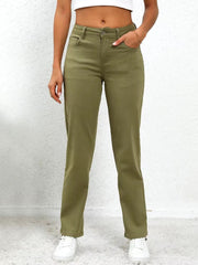Vintage Solid zipper fly Mid Waisted Casual Straight Leg Denim Pants Mssza