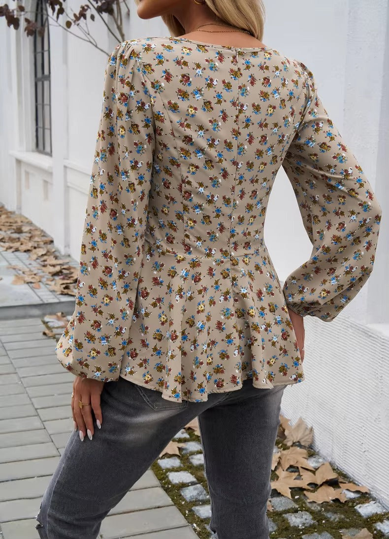 Vintage Square Collar Puff Sleeve Ruffled Casual Floral Print Tops Mssza