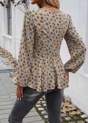Vintage Square Collar Puff Sleeve Ruffled Casual Floral Print Tops Mssza
