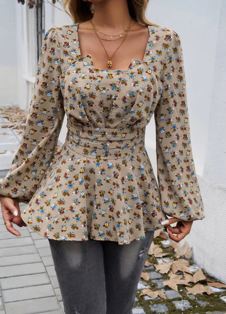 Vintage Square Collar Puff Sleeve Ruffled Casual Floral Print Tops Mssza