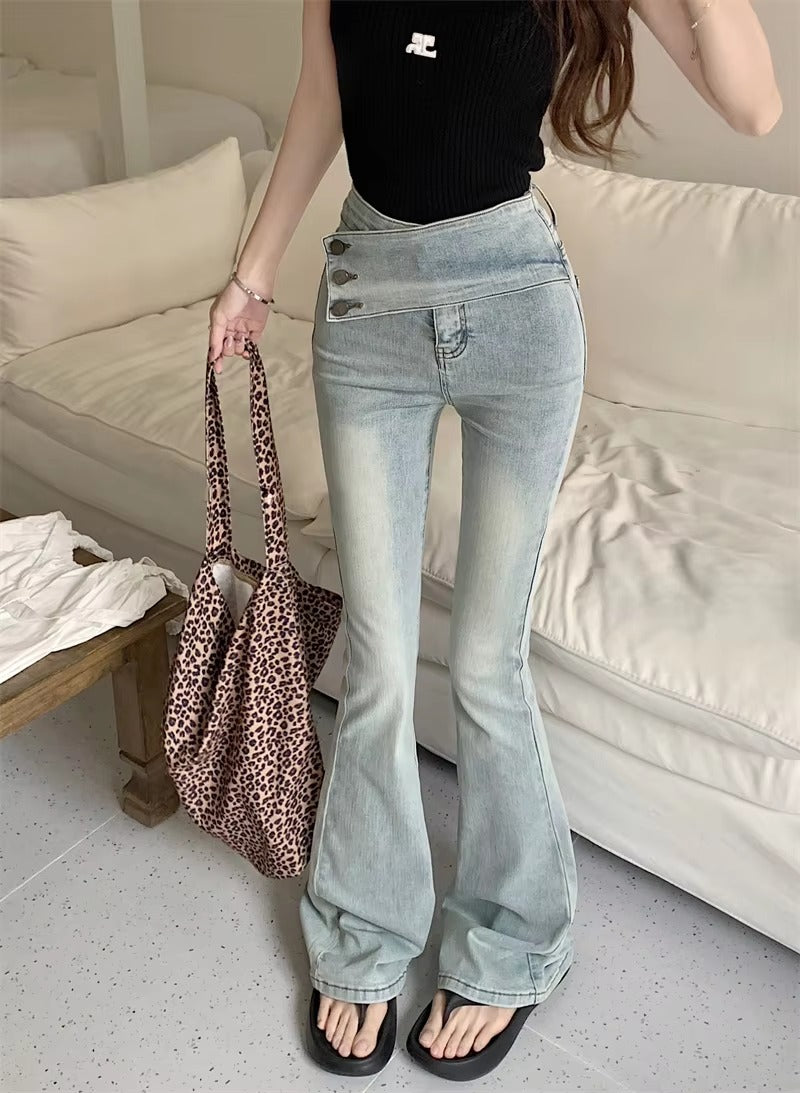 Vintage Streetwear High Waist Slim Casual Denim Button Fly Flared Jeans Mssza