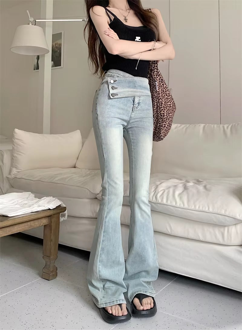 Vintage Streetwear High Waist Slim Casual Denim Button Fly Flared Jeans Mssza