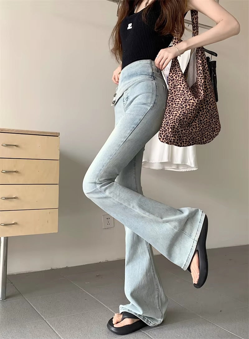 Vintage Streetwear High Waist Slim Casual Denim Button Fly Flared Jeans Mssza