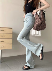 Vintage Streetwear High Waist Slim Casual Denim Button Fly Flared Jeans Mssza