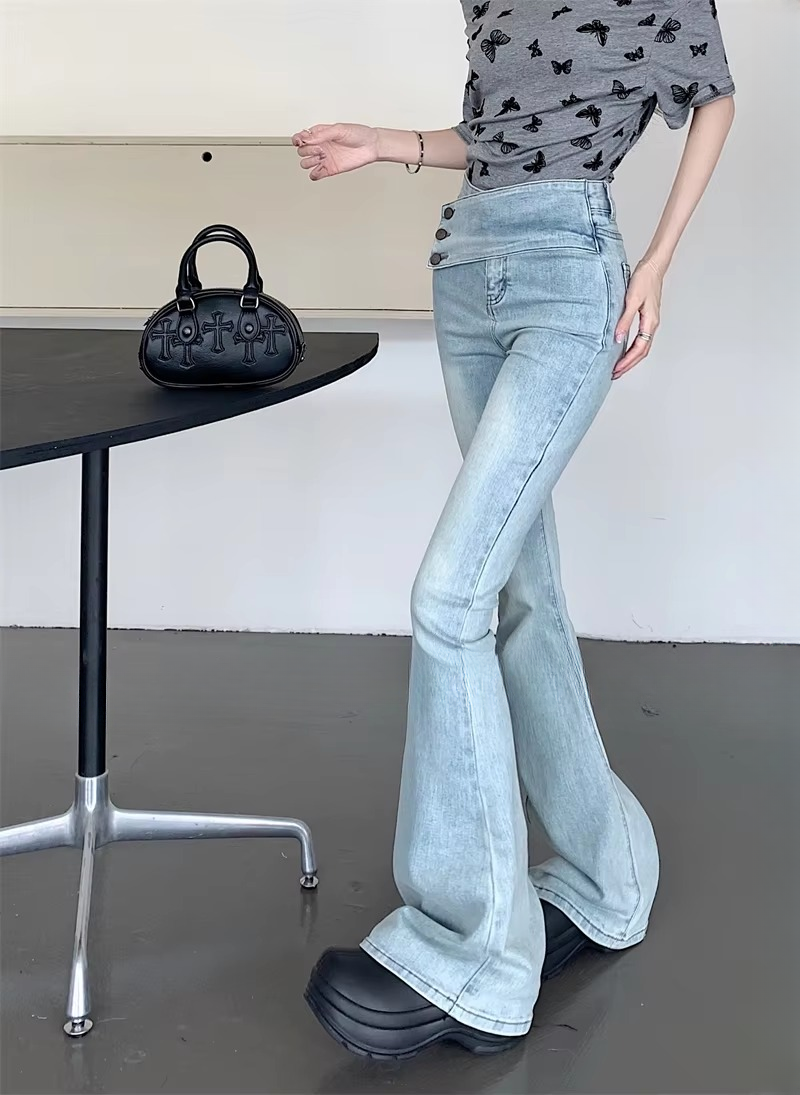 Vintage Streetwear High Waist Slim Casual Denim Button Fly Flared Jeans Mssza