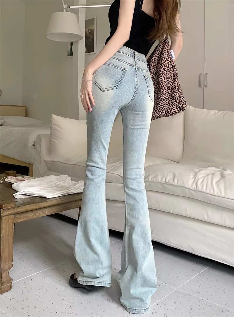 Vintage Streetwear High Waist Slim Casual Denim Button Fly Flared Jeans Mssza