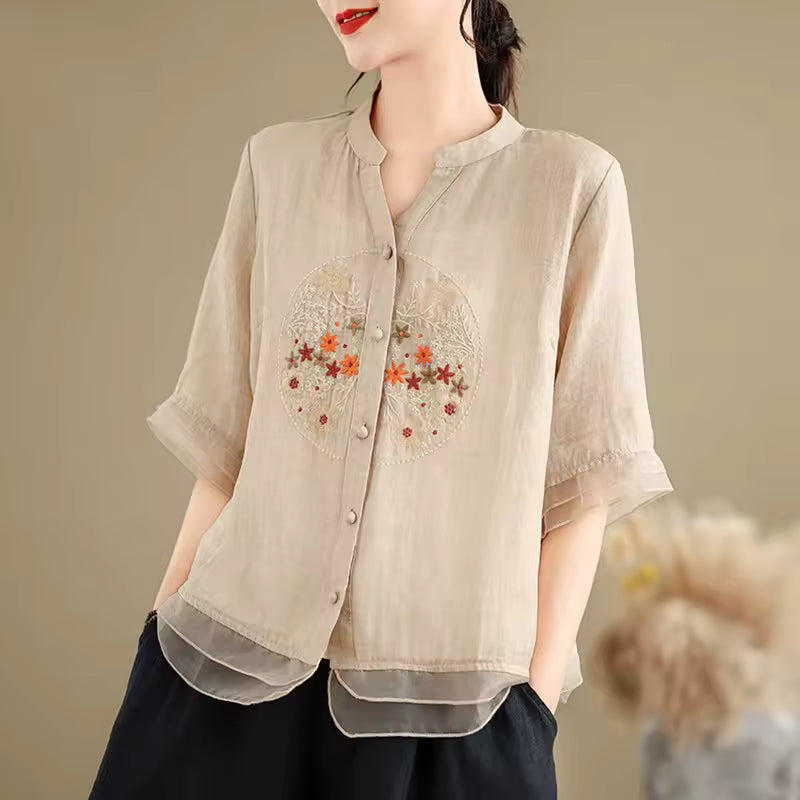 Vintage Style V-neck Floral Embroidery Half Sleeve Tops Shirts Mssza