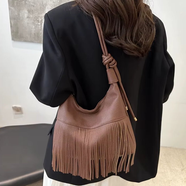 Vintage Tassel Daily Used Soft PU Leather Versatile Crossbody Casual Handbag Mssza