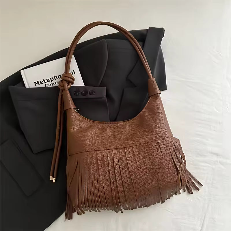 Vintage Tassel Daily Used Soft PU Leather Versatile Crossbody Casual Handbag Mssza