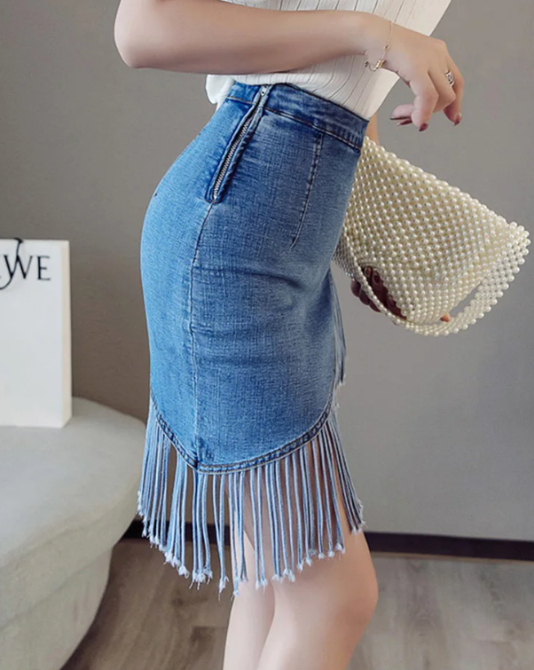 Vintage Tassel Denim Zipper High Waist Mini Jeans Warp Skirts Mssza