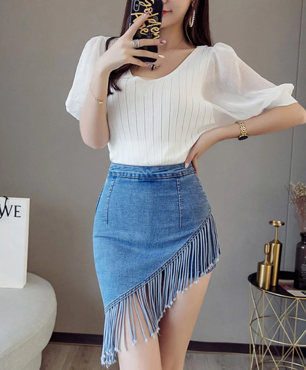 Vintage Tassel Denim Zipper High Waist Mini Jeans Warp Skirts Mssza