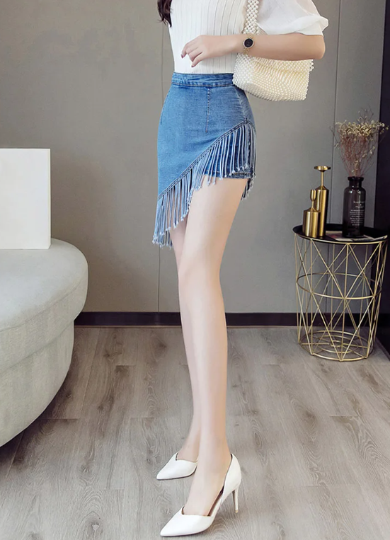 Vintage Tassel Denim Zipper High Waist Mini Jeans Warp Skirts Mssza