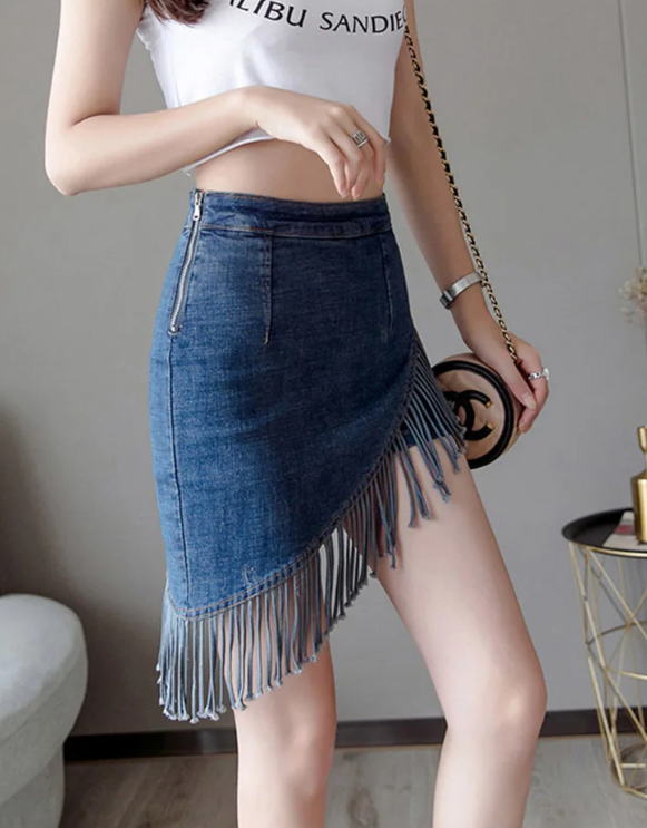 Vintage Tassel Denim Zipper High Waist Mini Jeans Warp Skirts Mssza