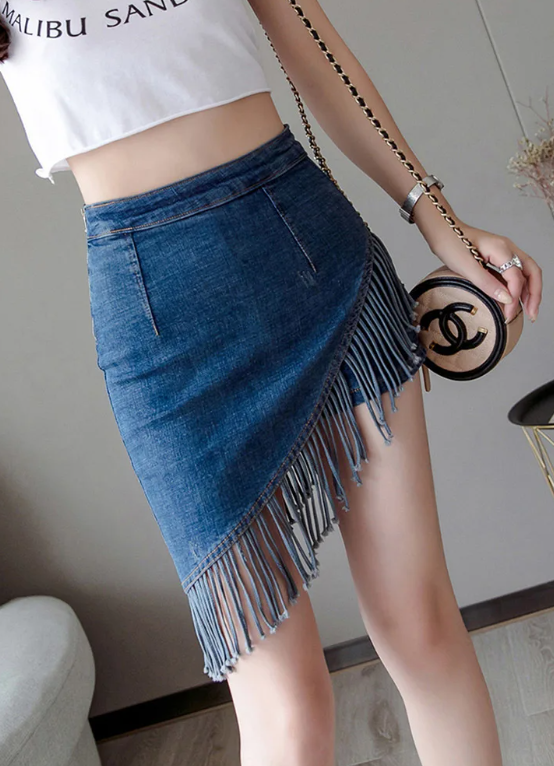 Vintage Tassel Denim Zipper High Waist Mini Jeans Warp Skirts Mssza