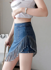 Vintage Tassel Denim Zipper High Waist Mini Jeans Warp Skirts Mssza