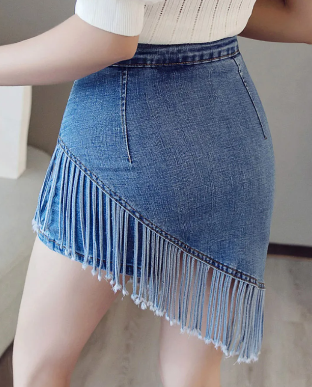 Vintage Tassel Denim Zipper High Waist Mini Jeans Warp Skirts Mssza