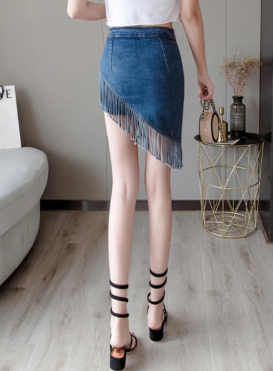 Vintage Tassel Denim Zipper High Waist Mini Jeans Warp Skirts Mssza