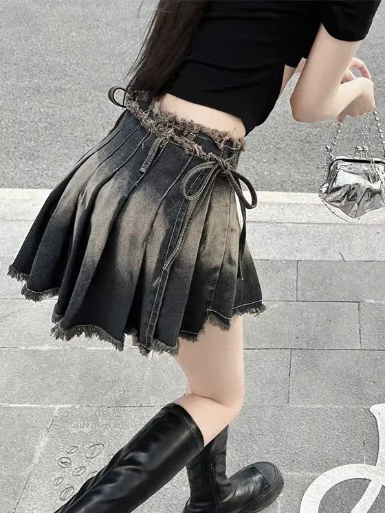 Vintage Tassel Design Preppy Style Slim Gothic Pleated Mini Skirts Mssza
