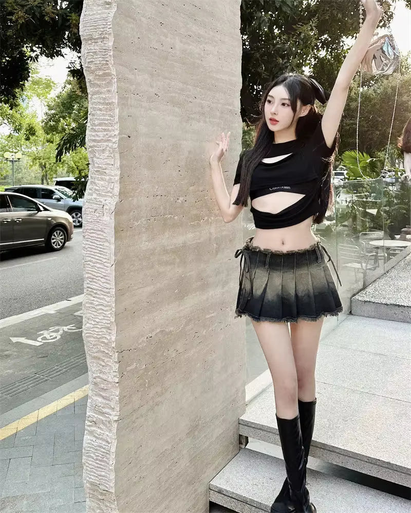 Vintage Tassel Design Preppy Style Slim Gothic Pleated Mini Skirts Mssza