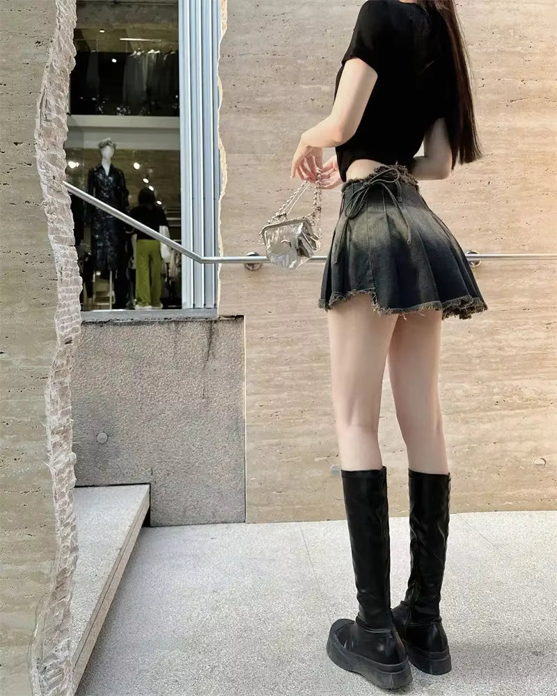 Vintage Tassel Design Preppy Style Slim Gothic Pleated Mini Skirts Mssza
