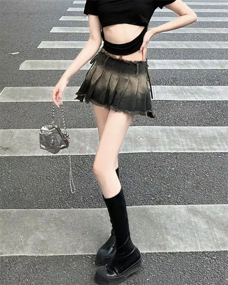 Vintage Tassel Design Preppy Style Slim Gothic Pleated Mini Skirts Mssza