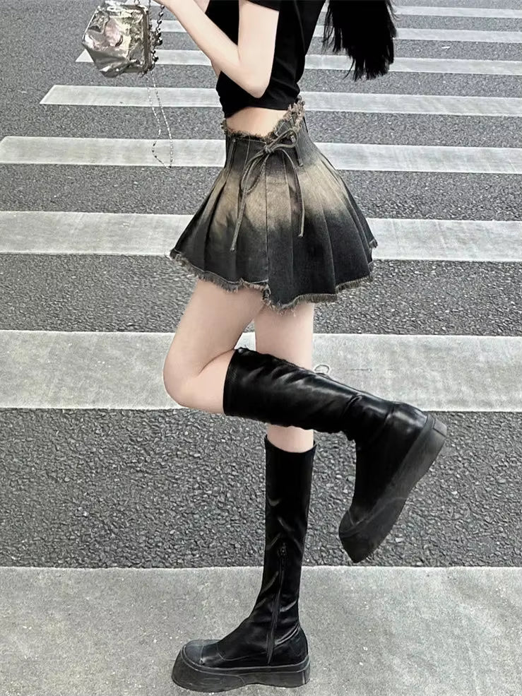 Vintage Tassel Design Preppy Style Slim Gothic Pleated Mini Skirts Mssza