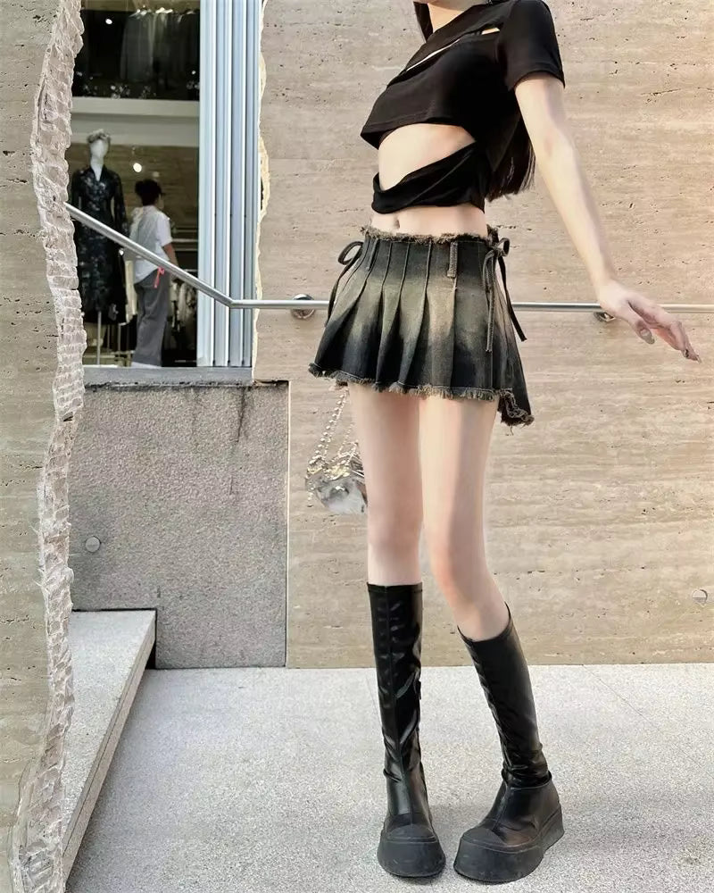 Vintage Tassel Design Preppy Style Slim Gothic Pleated Mini Skirts Mssza