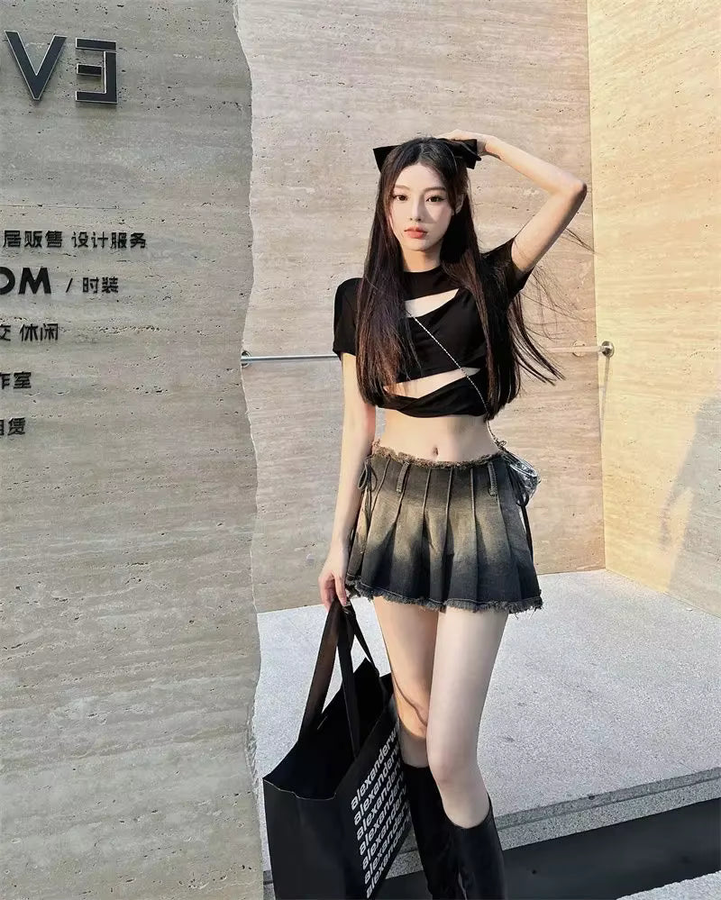 Vintage Tassel Design Preppy Style Slim Gothic Pleated Mini Skirts Mssza
