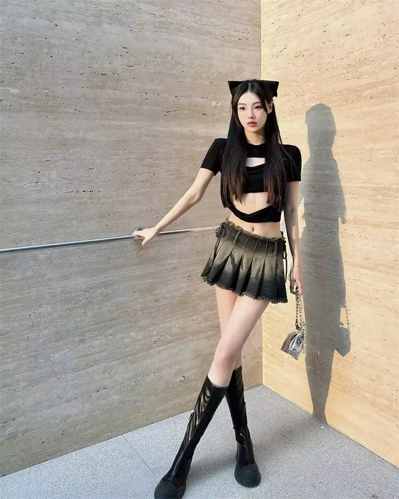 Vintage Tassel Design Preppy Style Slim Gothic Pleated Mini Skirts Mssza