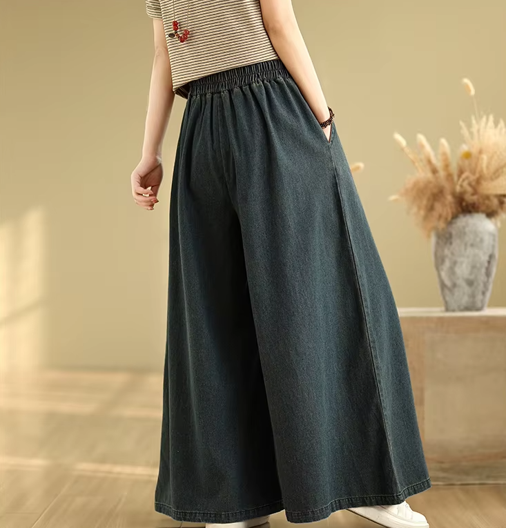 Vintage Thin Style Loose Elastic Waist Solid Denim Wide Leg Pants Mssza