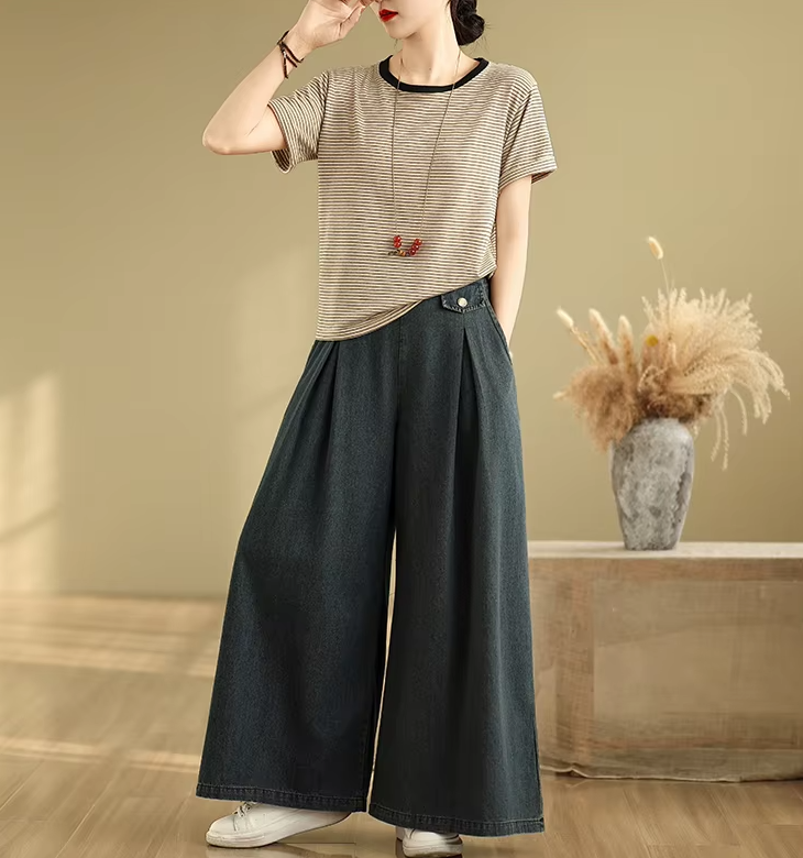 Vintage Thin Style Loose Elastic Waist Solid Denim Wide Leg Pants Mssza