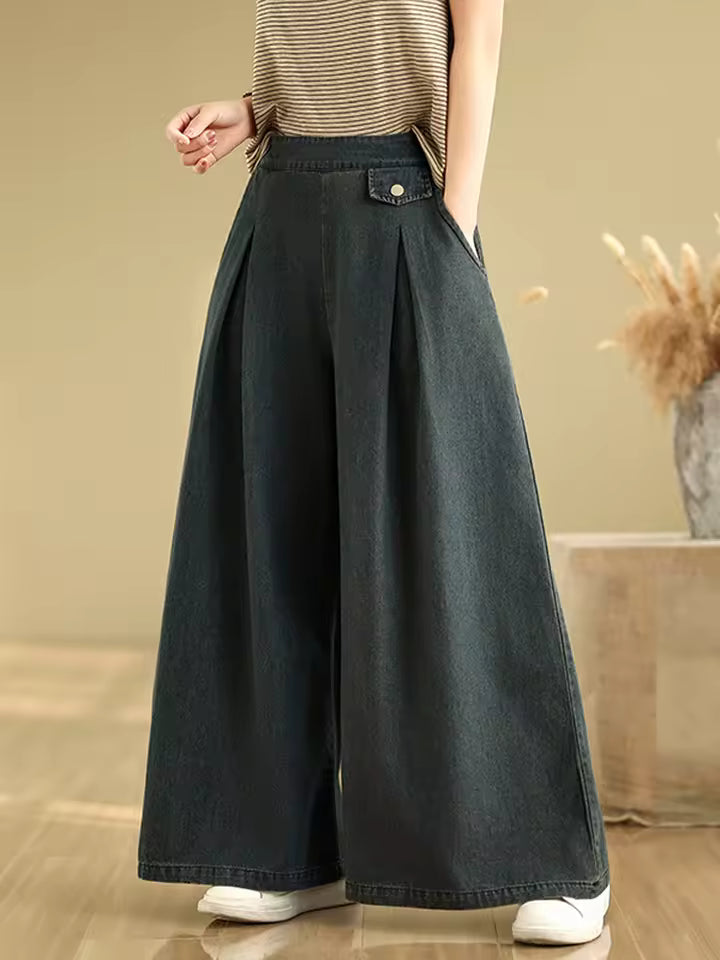 Vintage Thin Style Loose Elastic Waist Solid Denim Wide Leg Pants Mssza
