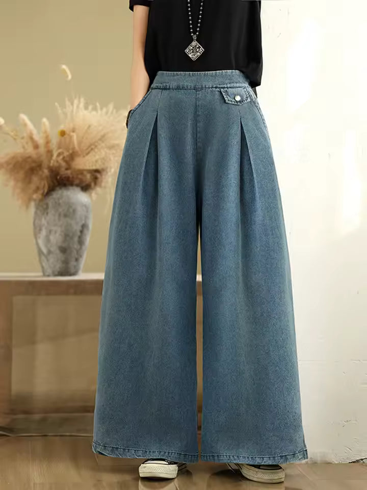 Vintage Thin Style Loose Elastic Waist Solid Denim Wide Leg Pants Mssza