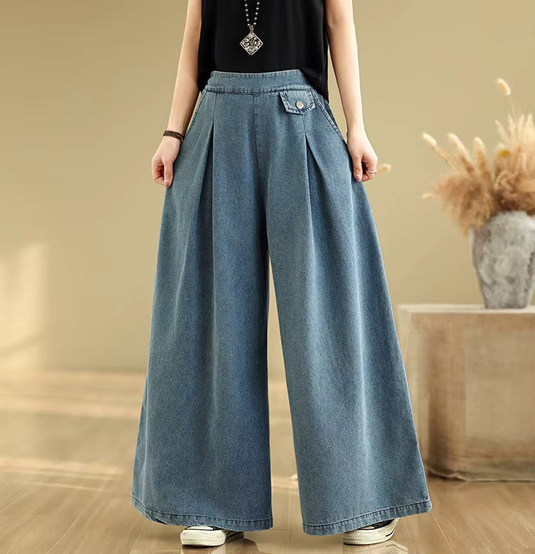 Vintage Thin Style Loose Elastic Waist Solid Denim Wide Leg Pants Mssza
