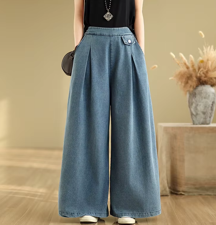 Vintage Thin Style Loose Elastic Waist Solid Denim Wide Leg Pants Mssza