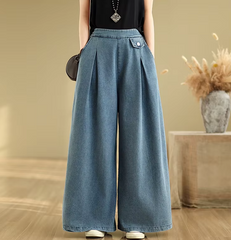 Vintage Thin Style Loose Elastic Waist Solid Denim Wide Leg Pants Mssza