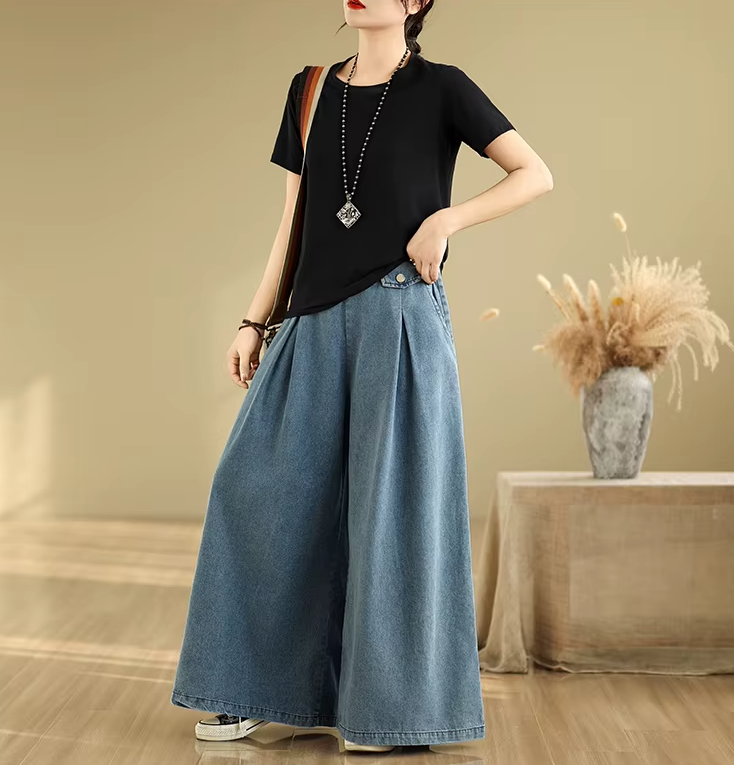 Vintage Thin Style Loose Elastic Waist Solid Denim Wide Leg Pants Mssza